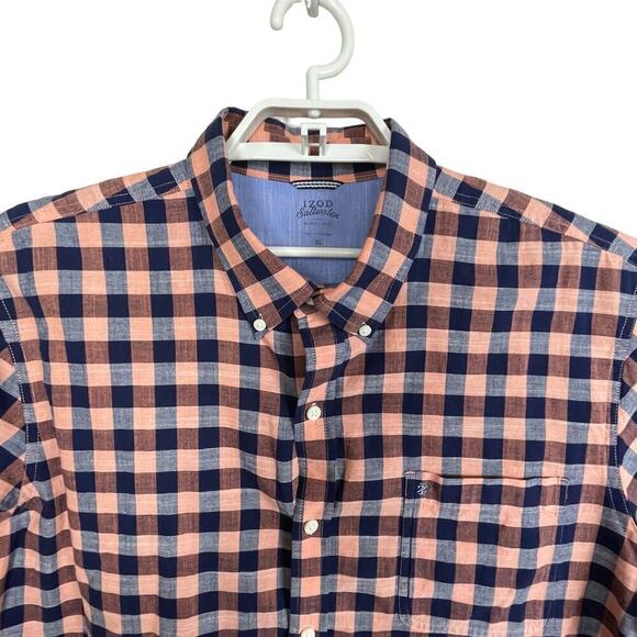 Izod Saltwater Relaxed Classics Men's Sz XL Plaid Blue Peach Button Up S/S Shirt - Picture 2 of 8